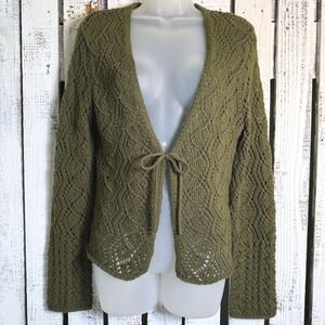 Y2K '05 Limited Olive Green Wool Blend Cardigan Sweater Sz L Tie Front Pointelle